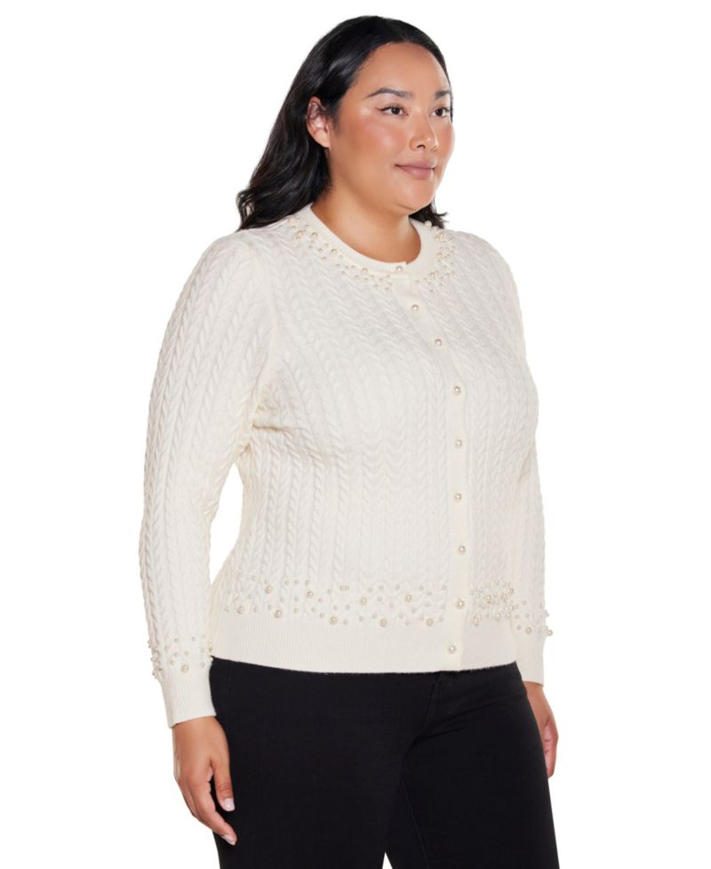 Plus Size Fitted Cable-Knit Crewneck Cardigan Sweater