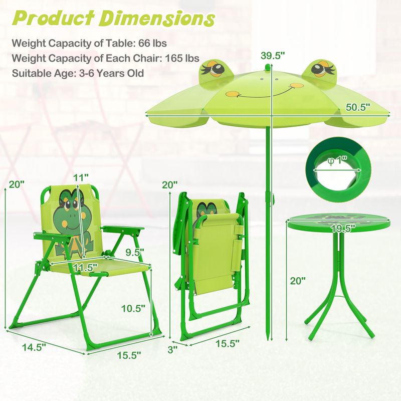 Kids Picnic Table and Chair Set w/ 2 Folding Chairs and Height Adjustable Umbrella