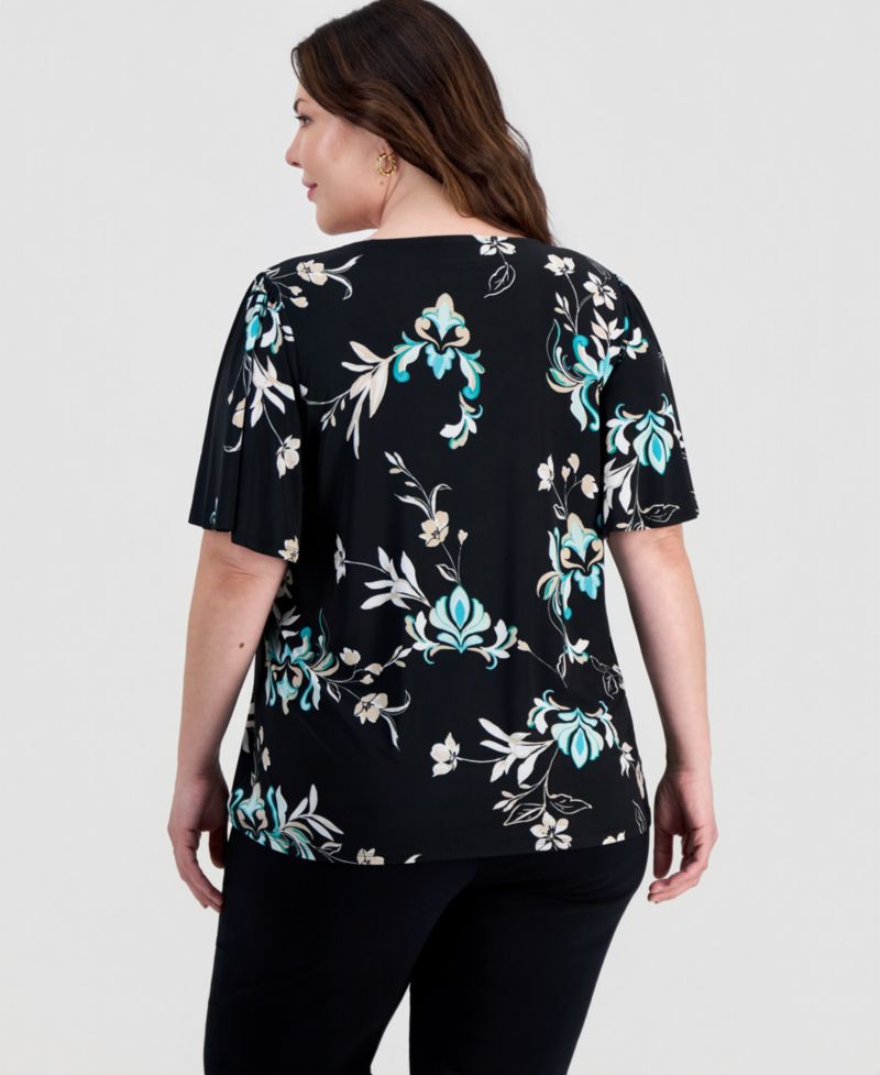 Plus Size Tossed Floral V-Neck Flutter-Sleeve Top