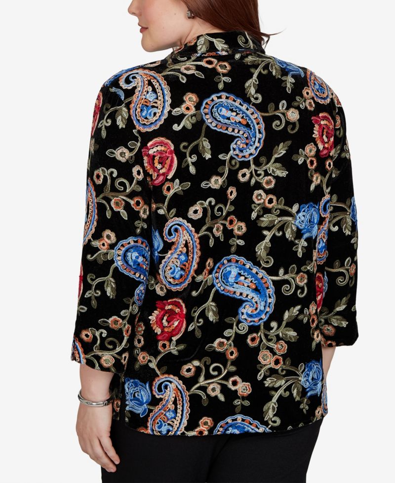 Women's Knit Floral-Print Velvet 3/4-Sleeve Blouse