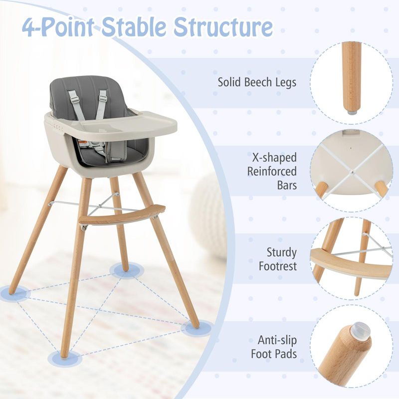 3-in-1 Convertible Wooden Baby High Chair with Cushion