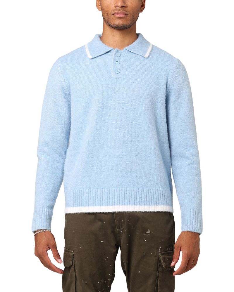 Men's Fluffy Long Sleeve Polo Shirt- Blue, 2XL