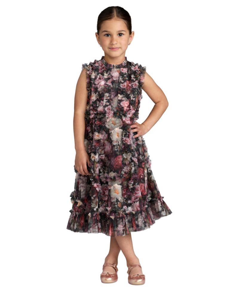 Big Girls 2-14 Sleeveless Mesh Ruffle High Neck Dress