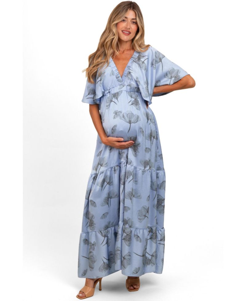 Maternity Floral Satin Deep V-Neck Maxi Dress