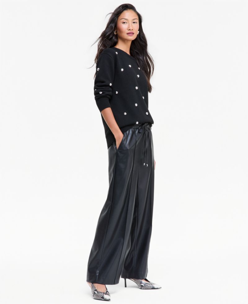 Women's Drawstring Wide-Leg High-Waist Faux Leather Pants