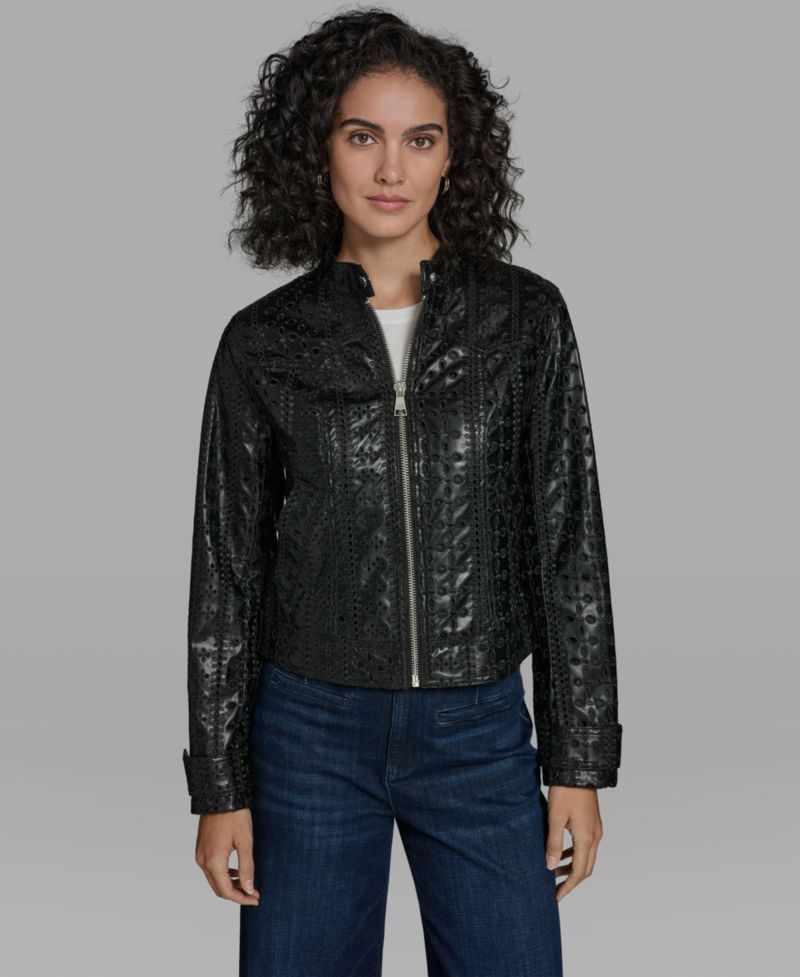 Women's Faux Leather Eyelet Zip Front Jacket