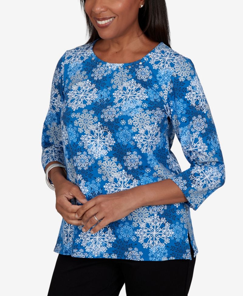 Women's Classic Blue Snowflake Print Knit Top