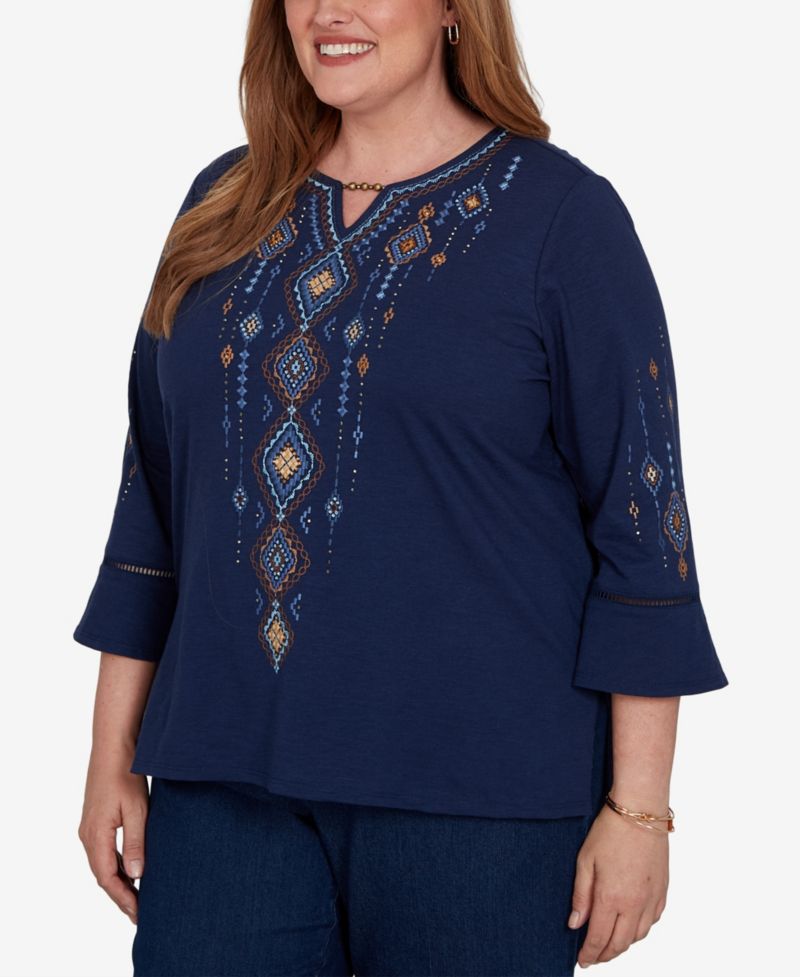Plus Size Keyhole Neck 3/4-Length Bell-Sleeve Top