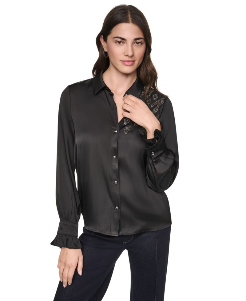 Women's Animal Print Heatset Ruffle-Cuff Collared Blouse