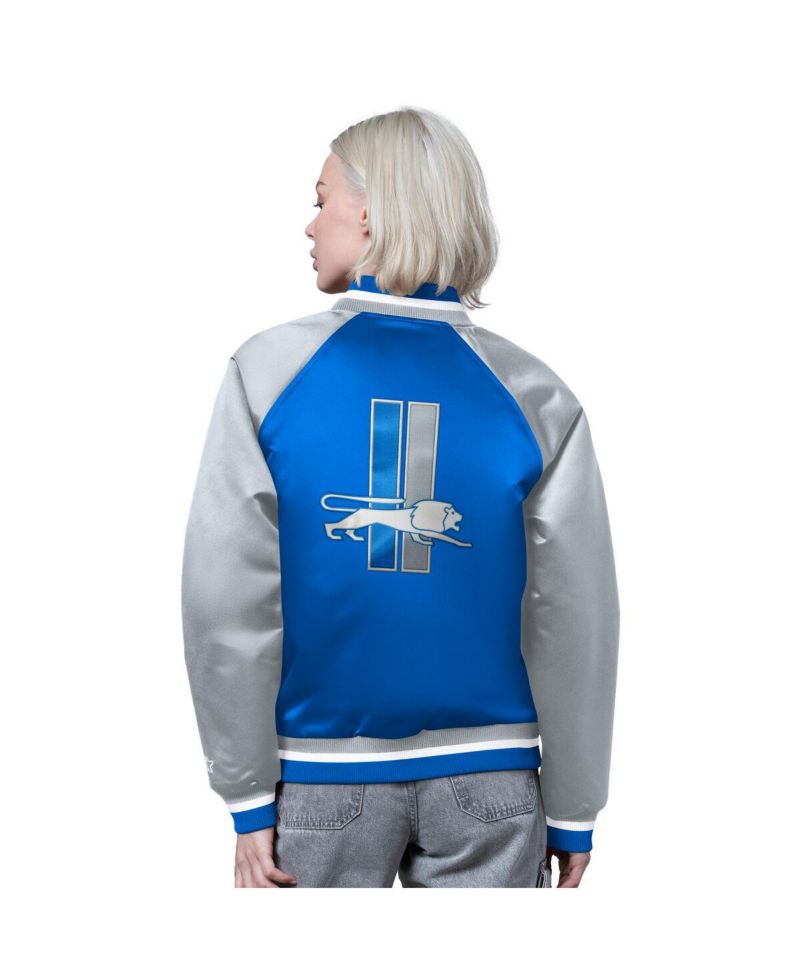 Women's Blue/Silver Detroit Lions Satin Full-Snap Vintage Varsity Jacket