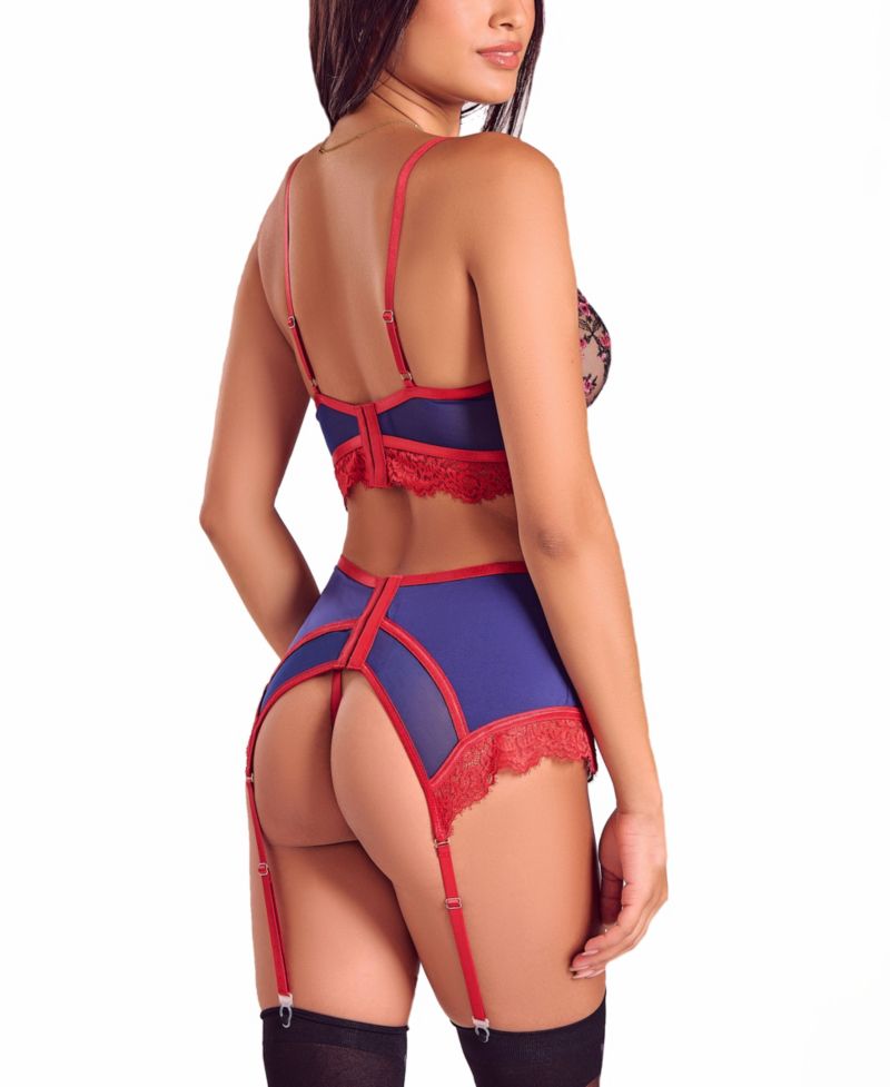 Women's Gypsy Lace 3-Piece Bralette Garter Lingerie Set
