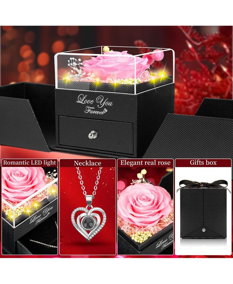 Preserved Pink Rose Gift Box with LED Lights & Double Heart Projection Necklace, I Love You in 100 Languages, Forever Rose Gift
