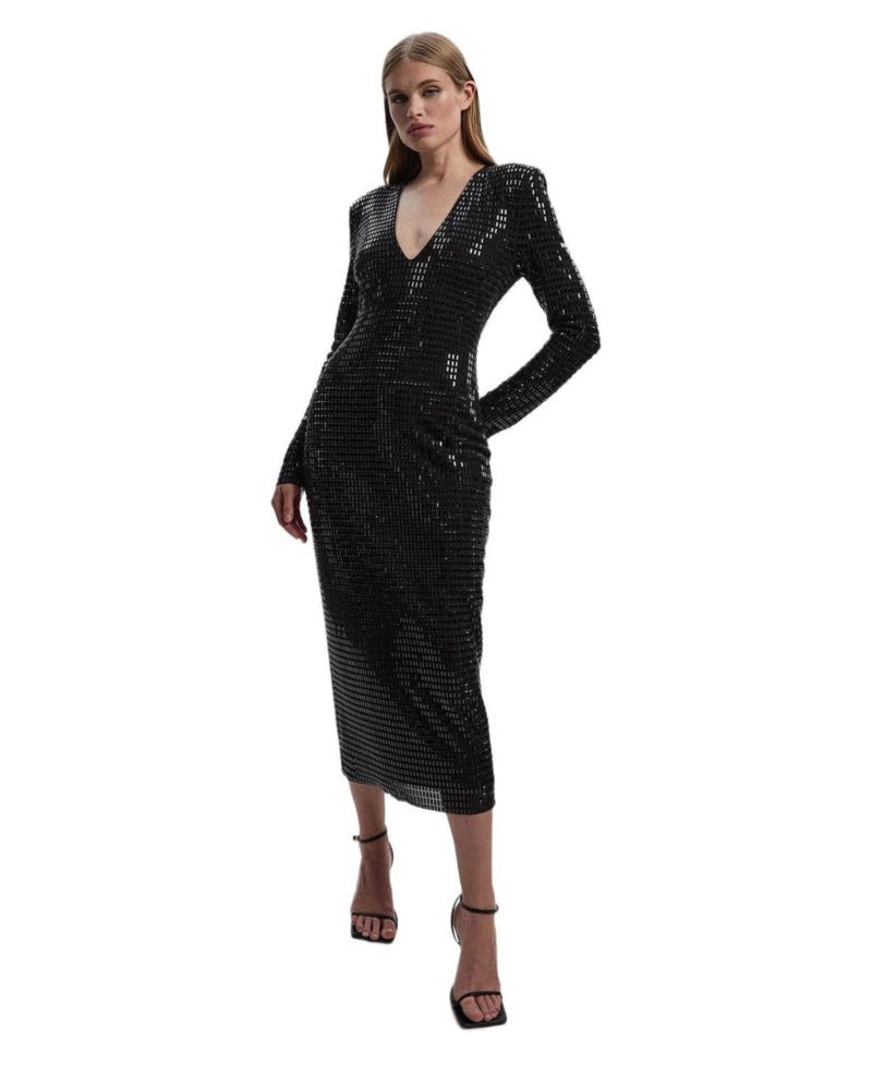 Women's Long Sleeve Plunge Neck Midi Dress