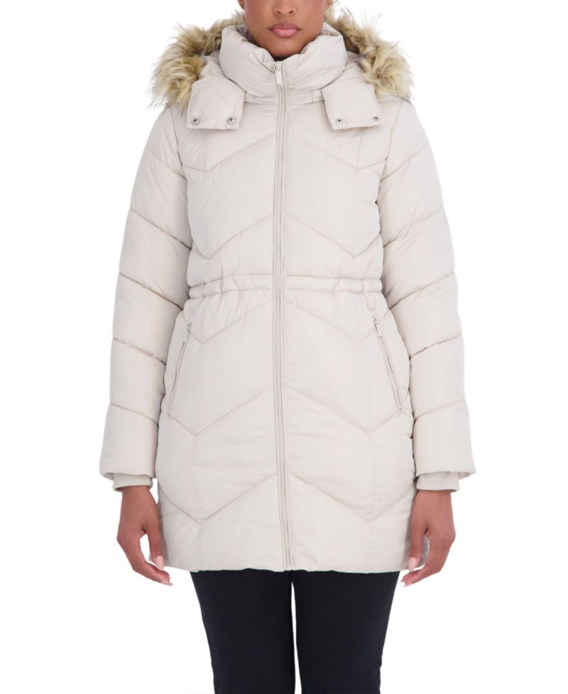 Women's 3/4 Hooded Faux Fur Trimmed Puffer Coat