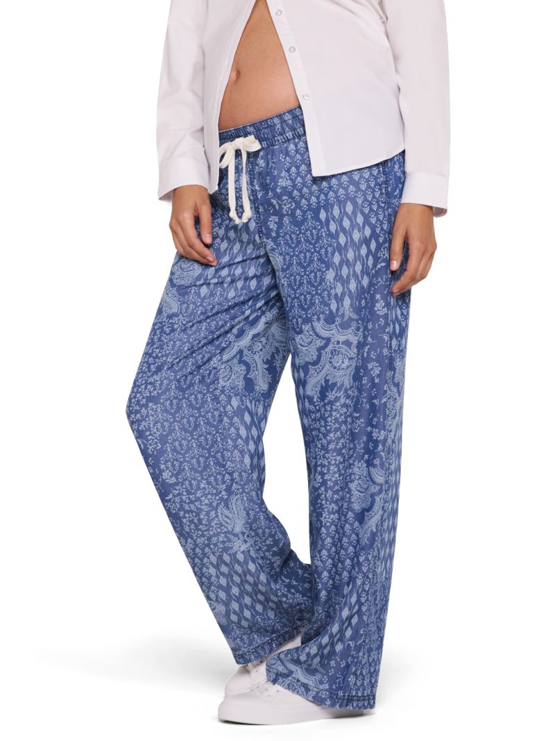 Women's Motherhood Under the Belly Tie Waist Denim Wide Leg Pant
