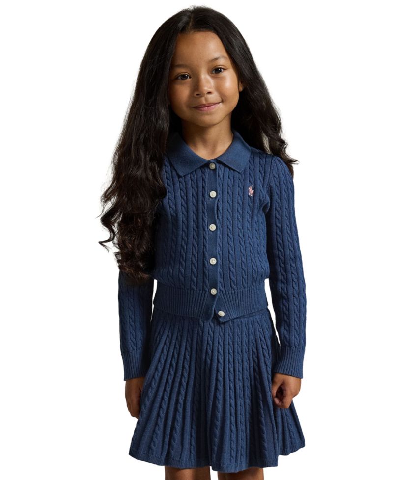Girls' 2T-6X Cotton Polo Cardigan and Skirt, 2-Piece Set
