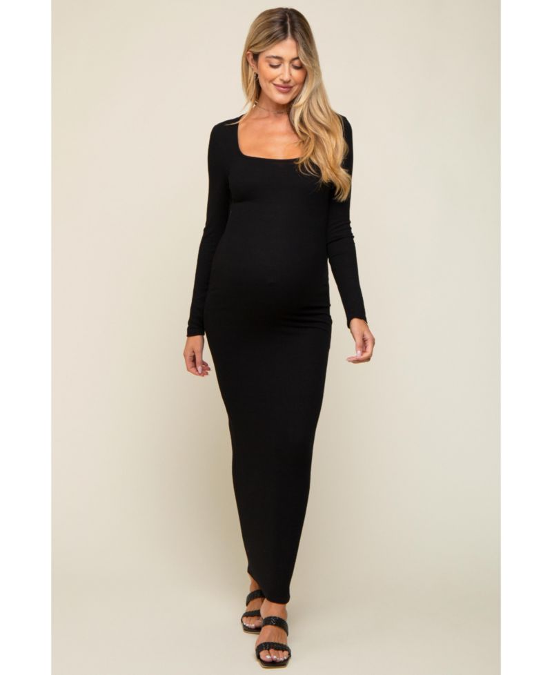 Women's Black Ribbed Long Sleeve Square Neck Maxi Dress