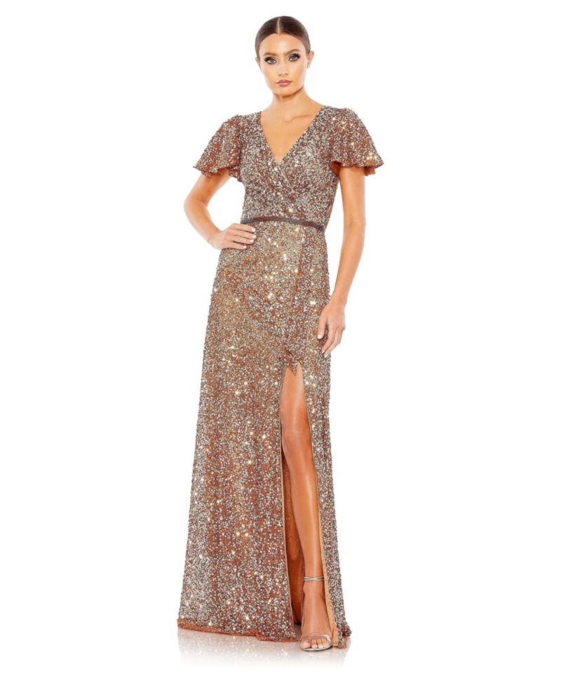 Women's Sequined Wrap Over Butterfly Sleeve Draped Gown