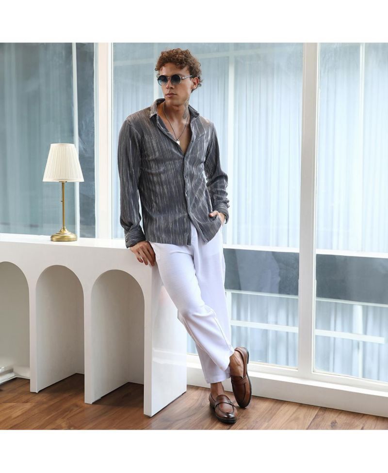 Men's Icy Blue & Metallic Silver Pleat-Creased Shirt