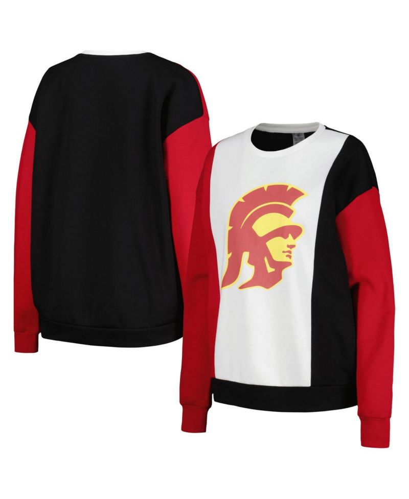 Women's White, Black USC Trojans Vertical Color-Block Pullover Sweatshirt