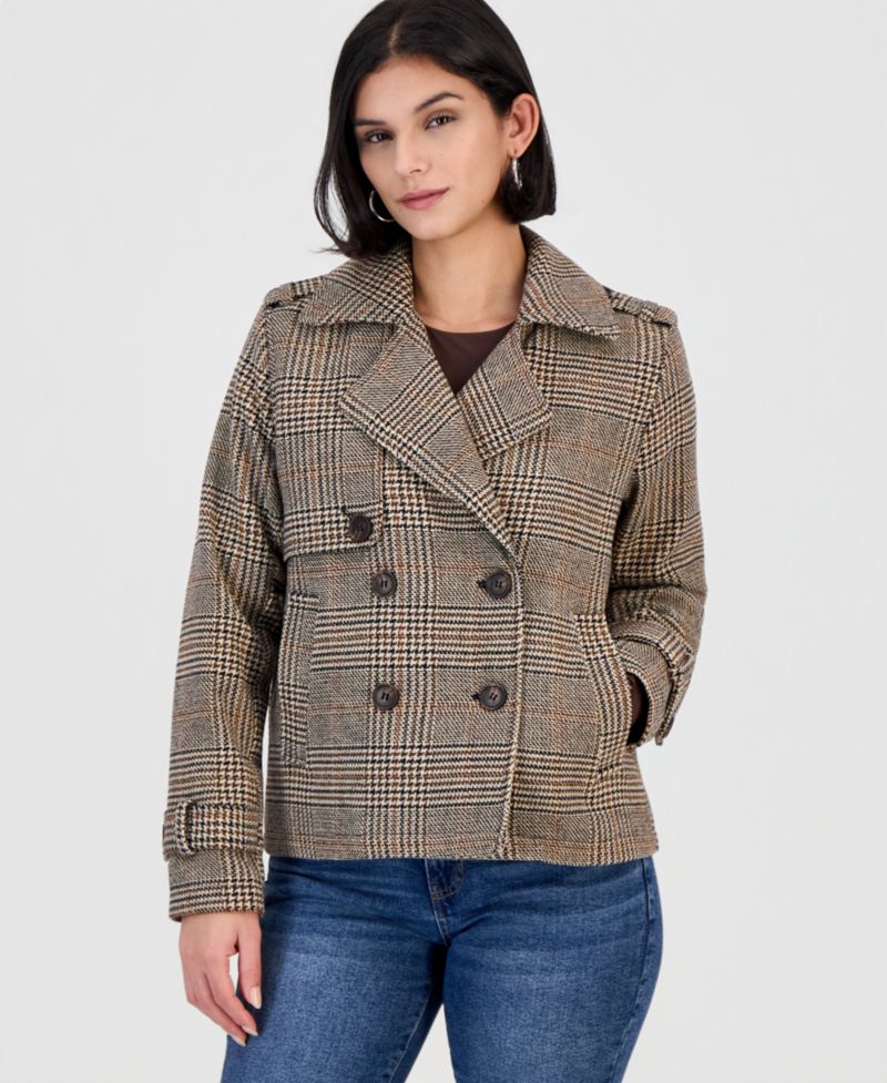 Juniors' Double-Breasted Plaid Notch-Collar Pea Coat