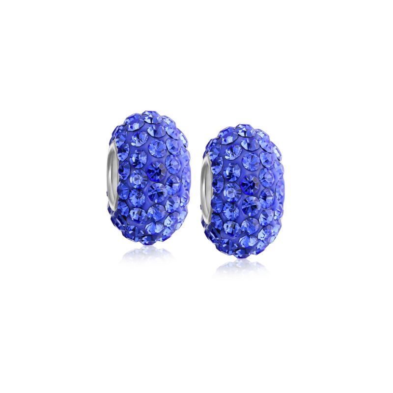 Solid Blue Crystal Spacer Bead Charm For Bracelet Sterling Silver (Set-2)