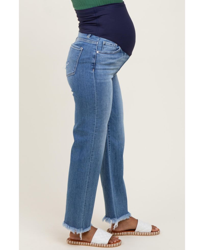 Women's Blue Frayed Hem Ankle Straight Leg Jeans