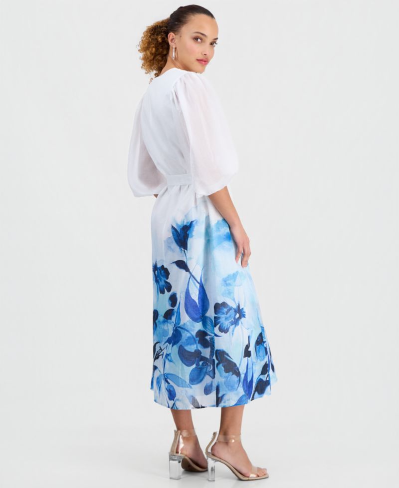 Petite V-Neck Puff-Sleeve Dress