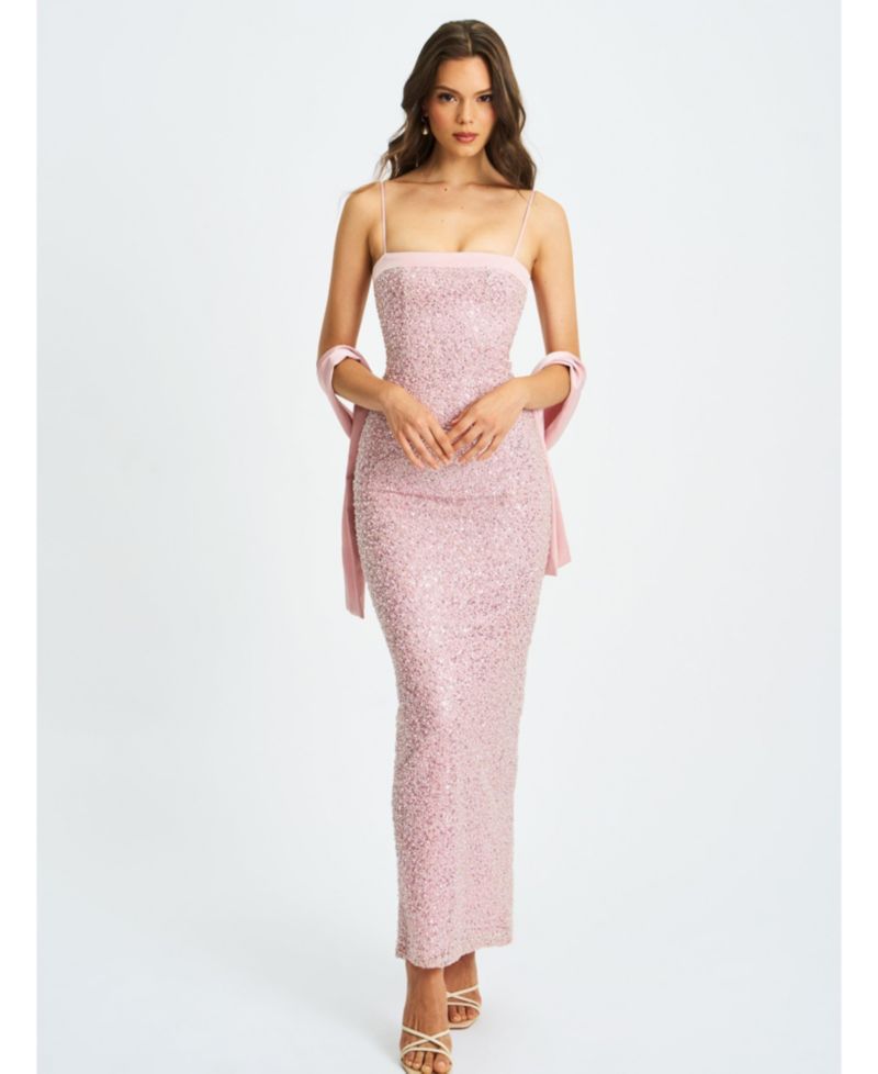 Women Raizel Pink Beaded Sequin Bodycon Gown with Scarf