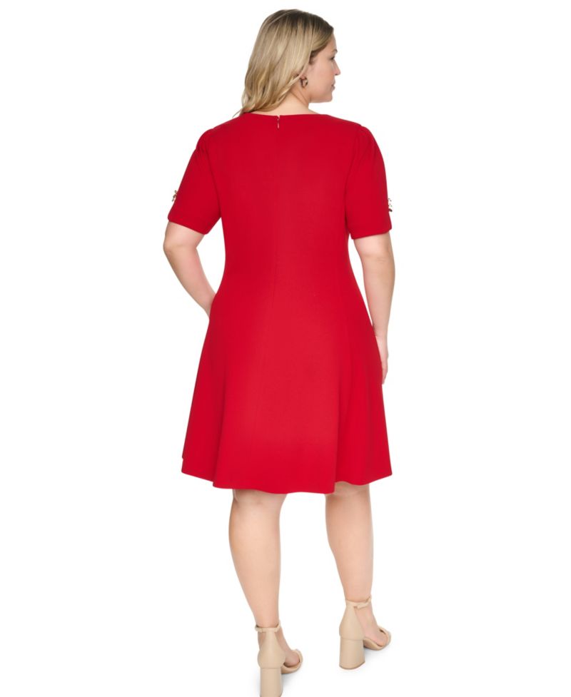 Plus Size Puff Sleeve Fit & Flare Jewel Neck Dress