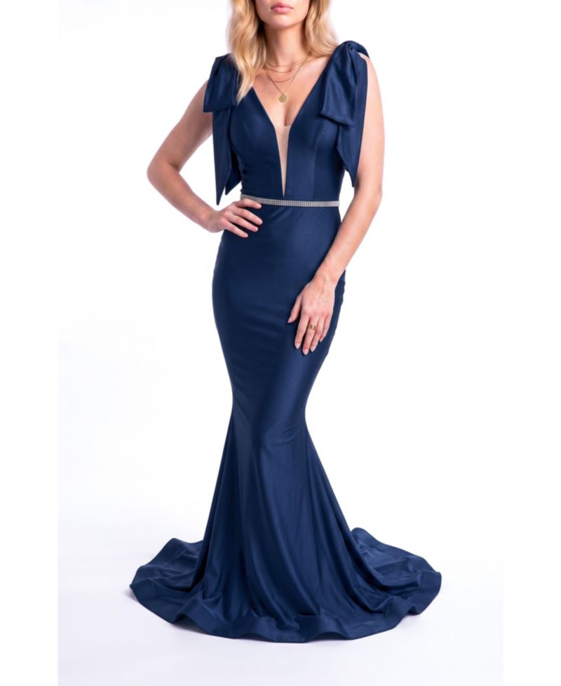 Women's Bow Shoulder Plunge Mermaid Evening Gown