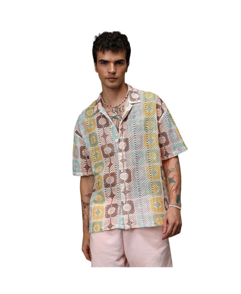 Men's Lemon Yellow & Chocolate Brown Geometric Block Oversized Shirt