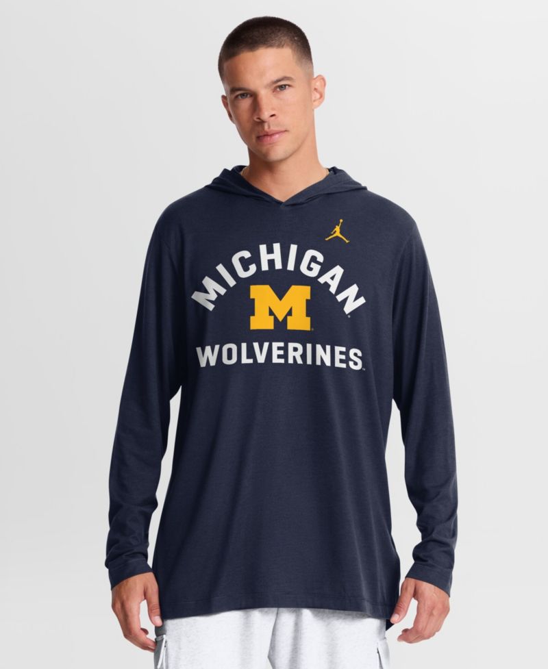 Men's Navy Michigan Wolverines Primetime Arch Tri-Blend Dri-FIT Long Sleeve Hooded T-Shirt