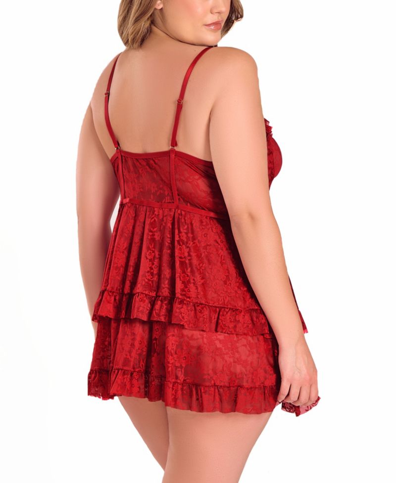 Plus Size Multi Ruffled Lace Babydoll Lingerie Set