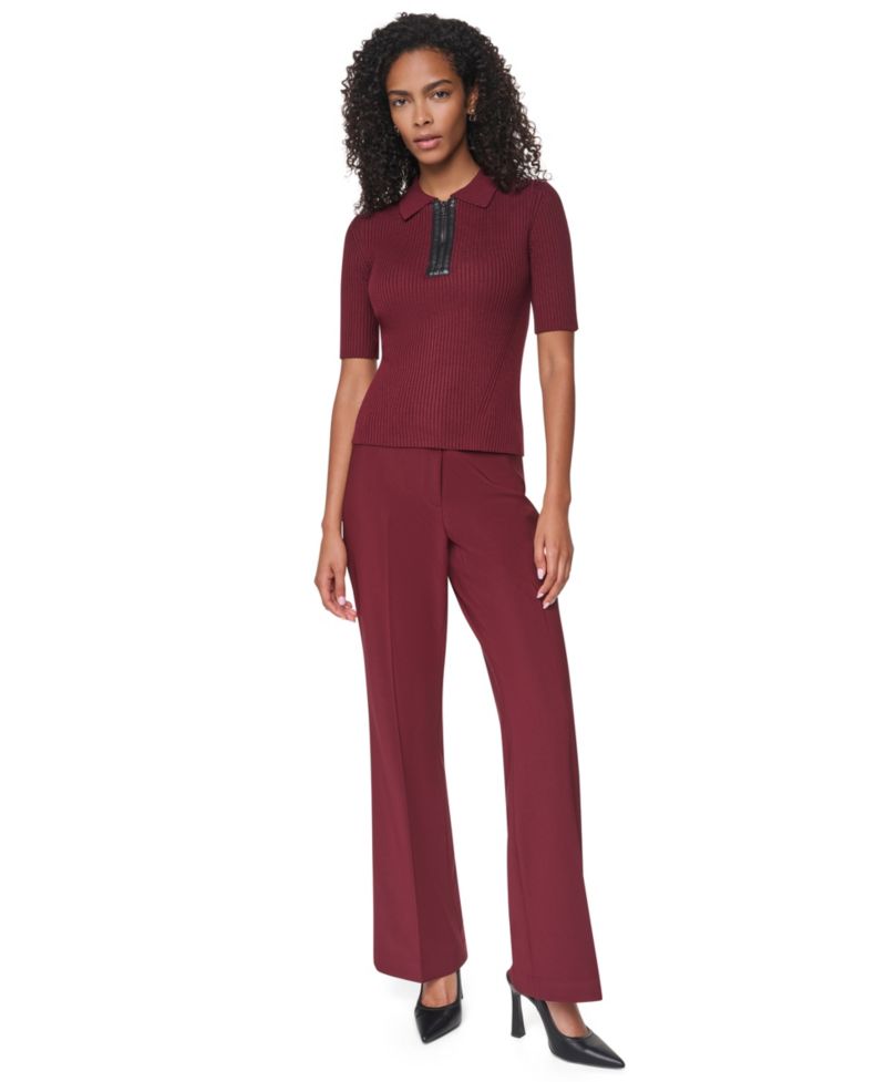 Petite Short-Sleeve Half-Zip Ribbed Cotton-Blend Sweater