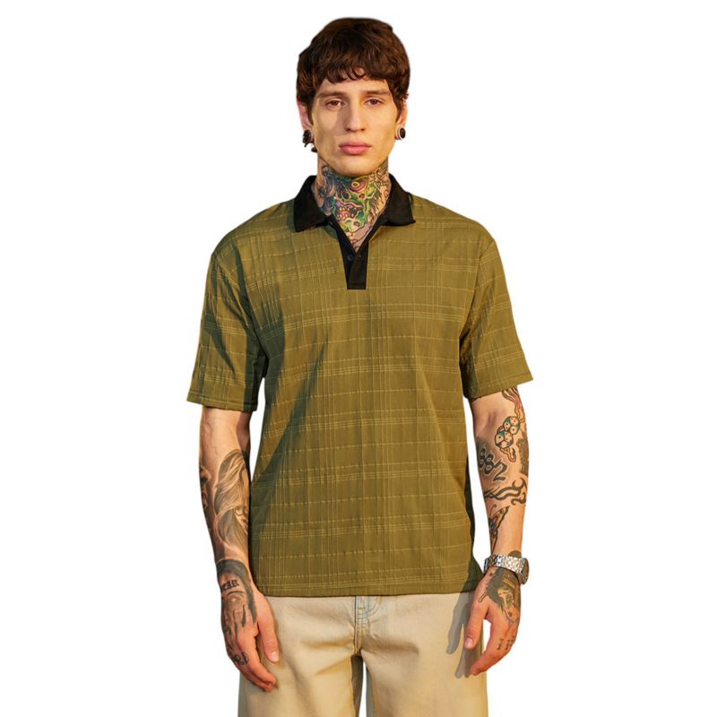 Men's Olive Green and Onyx Black Contrast Grid Polo T-Shirt