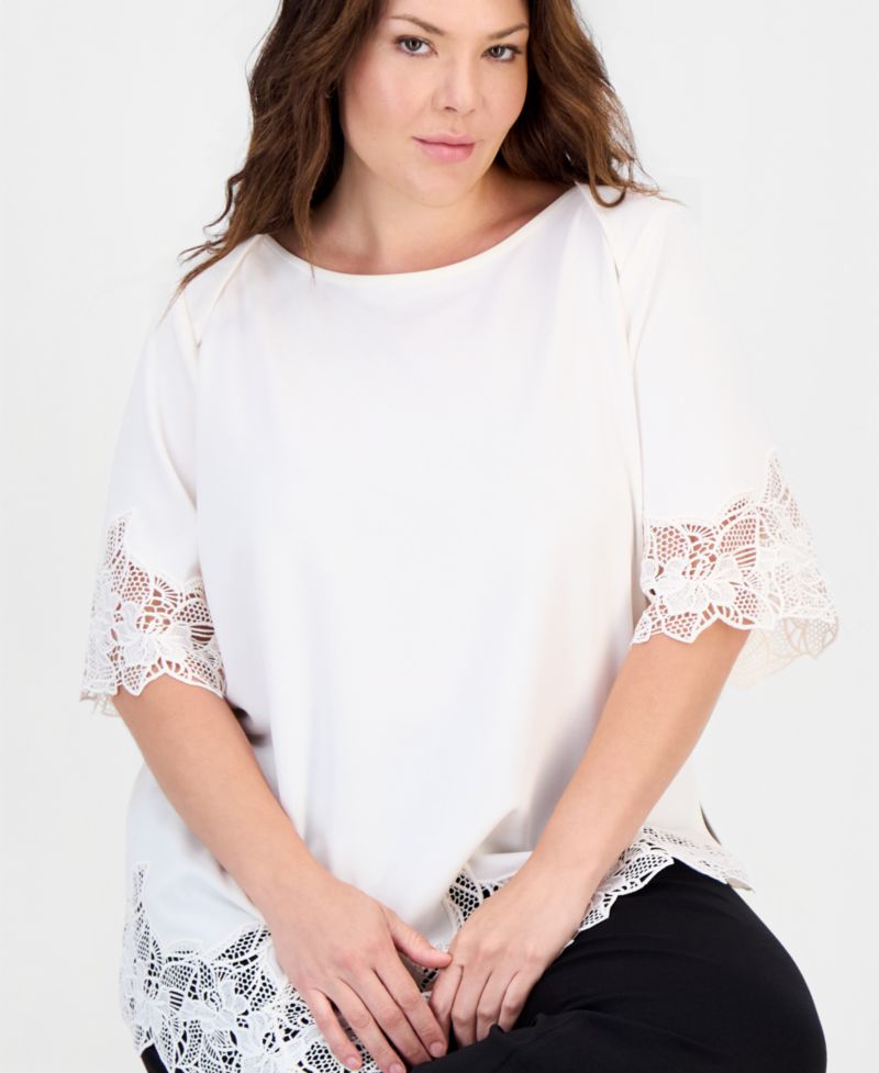 Plus Size Lace-Trim Asymmetrical-Hem Blouse