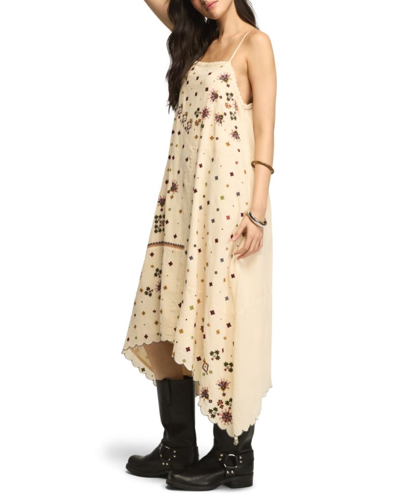 Women's Contrast Embroidered Mix Floral Boho Midi Dress