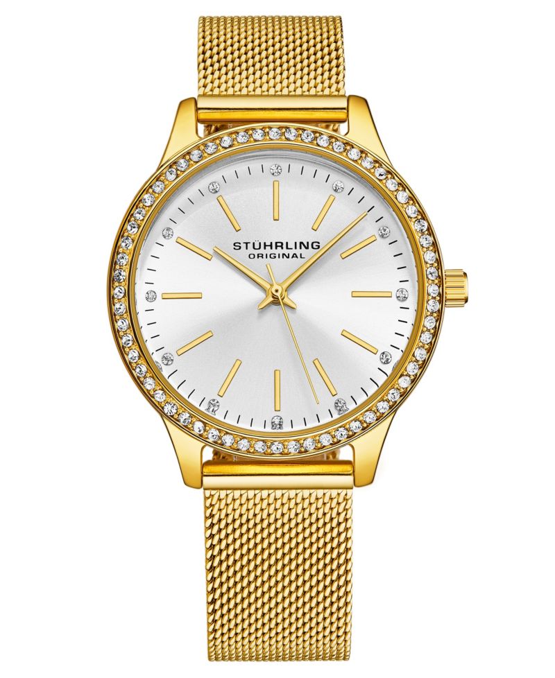 Women's Quartz Crystal Studded Gold Case and Gold Mesh Bracelet, Silver Dial, Gold Hands and Markers Watch