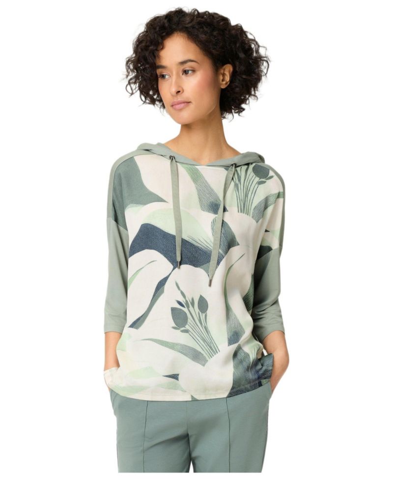 Women's Mixed Media Leaf Print T-Shirt with Hood