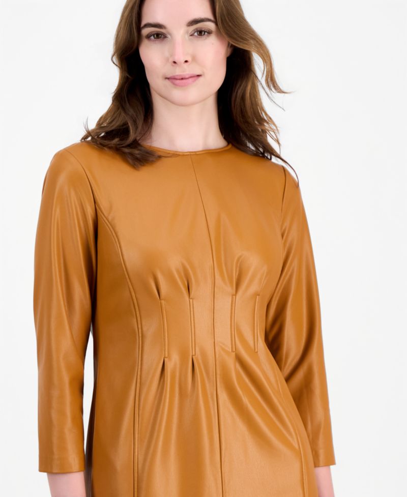 Women's Pleated Waist Sheath Knee-Length 3/4 Sleeve Dress