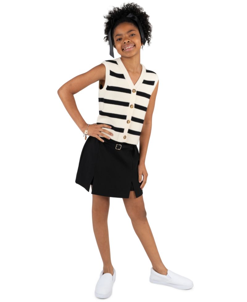 Girls' 7-12 Striped Sweater Vest, Pleated Skort with Belt and Bow Hair Clip, 3-Piece Set