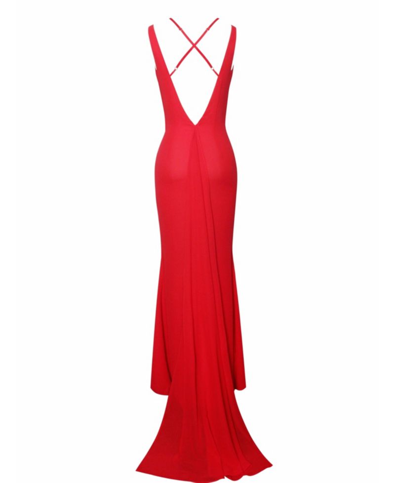 Women's Ulanda Red Chiffon Lace Backless Maxi Train Dress