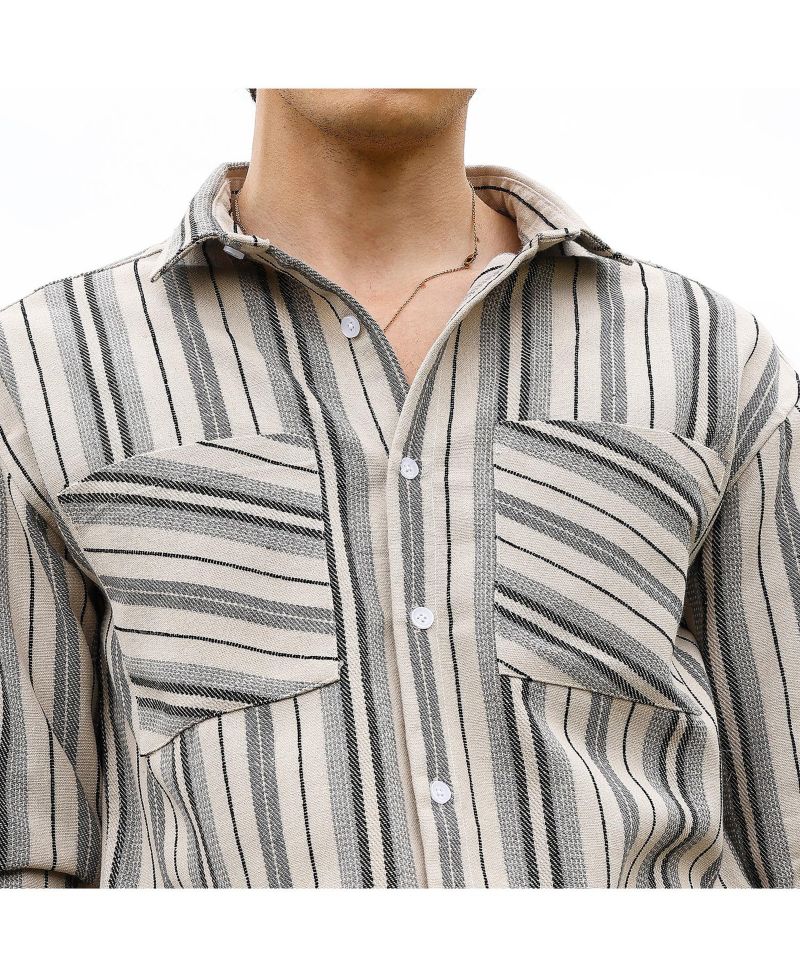 Men's Bone Beige & Cloud Grey Multitrack Striped Oversized Shirt
