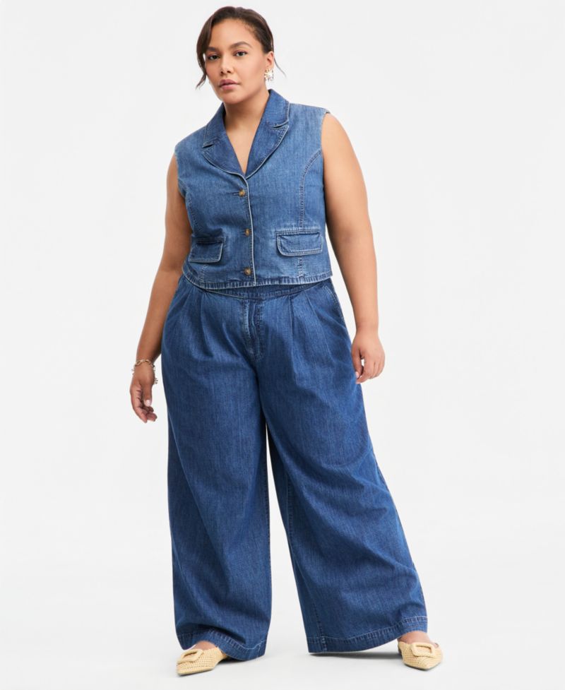 Trendy Plus Size High-Rise Pleated Wide-Leg Jeans