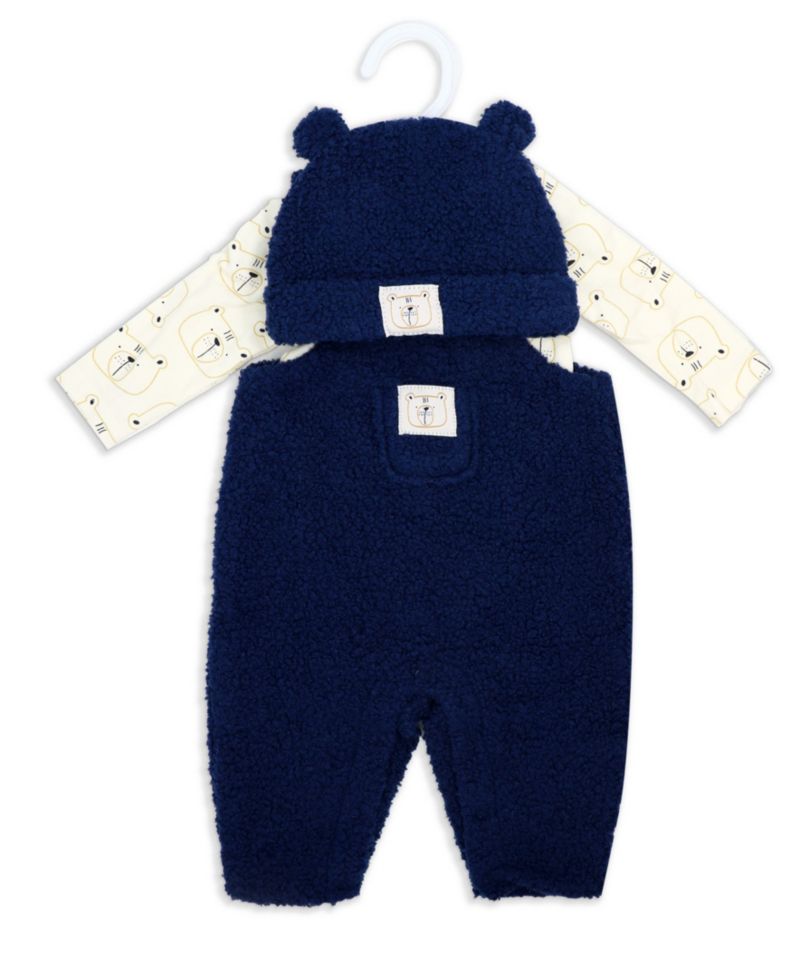 Baby Boys' Bears Print Overall, Bodysuit and Cap, 3-Piece Set