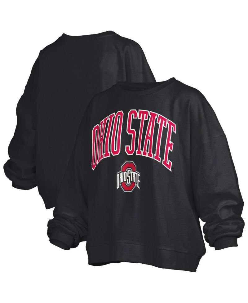 Women's Black Ohio State Buckeyes Janise Arch Over Logo Waist Length Oversized Pullover Sweatshirt