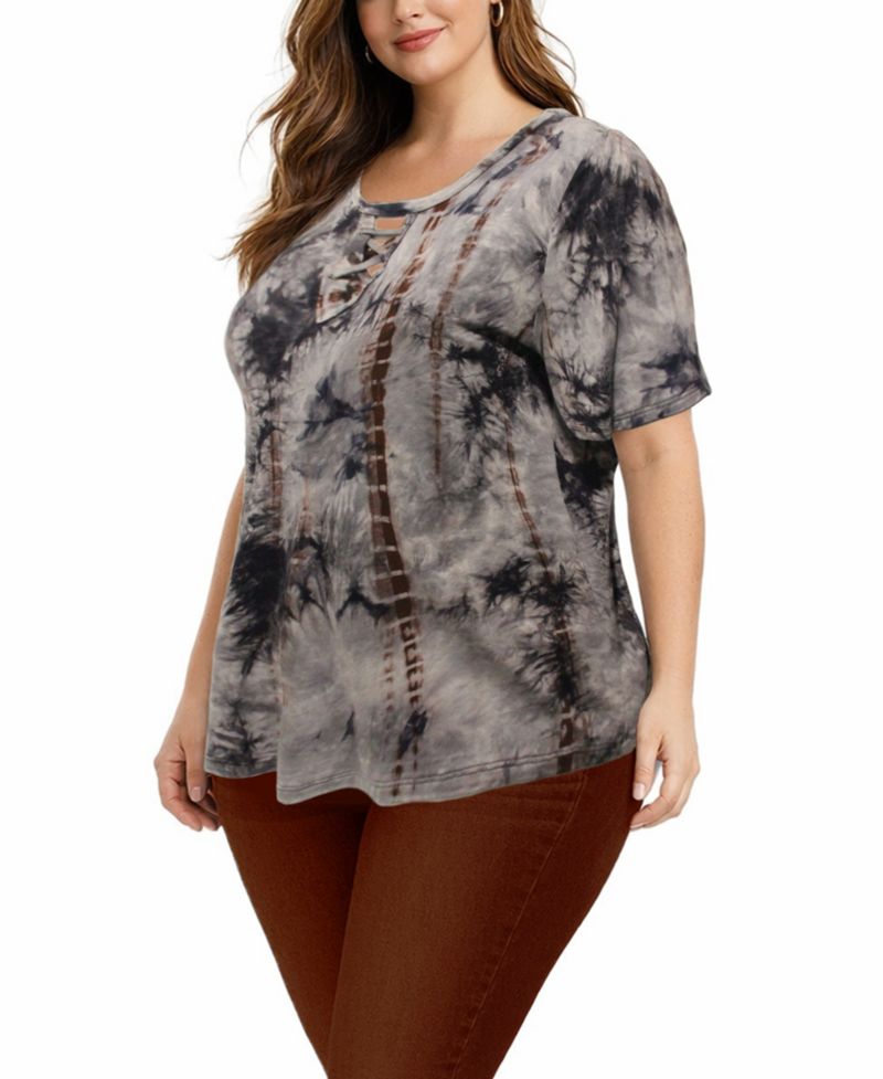 Plus Size Tie Dye Lace Up Short-Sleeve Top