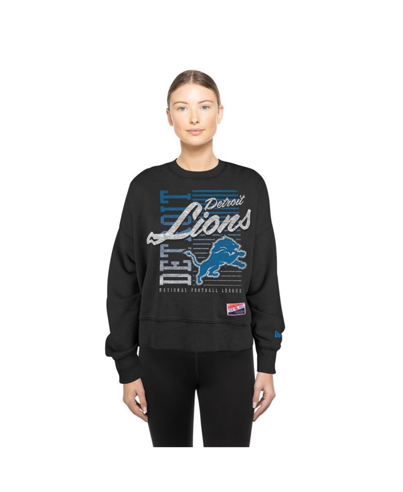 Women's Black Detroit Lions Oversized Throwback Mineral Wash Crew Neck Sweatshirt