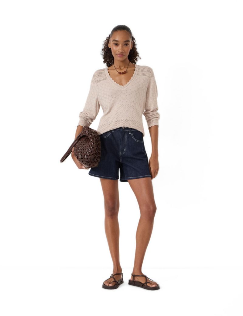 Women's Pointelle Cotton V-Neck Sweater